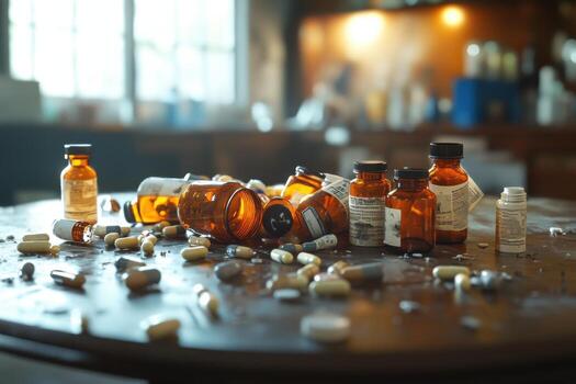 Many bottles and pills are scattered on a table photo