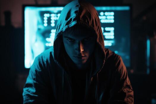 A man in a hoodie sitting in front of a computer screen photo