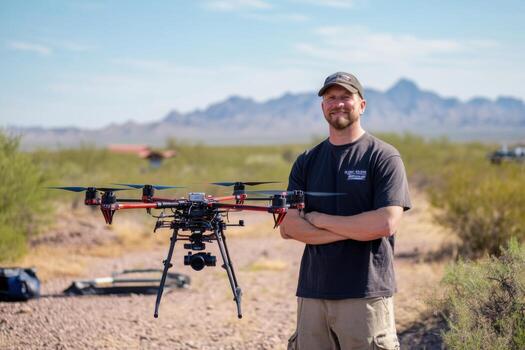 A man standing in front of a drone in the desert photo