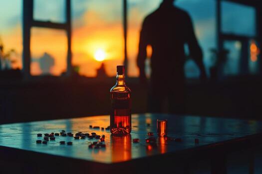 A bottle of alcohol sits on a table in front of a window photo