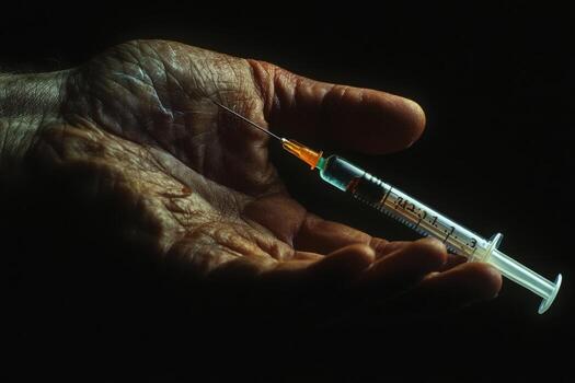 A hand holding an injection in front of a black background photo