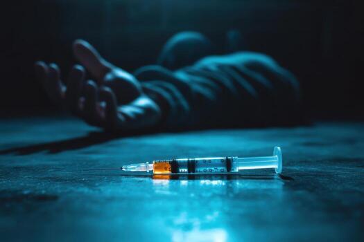 A person laying on the floor with an injection photo