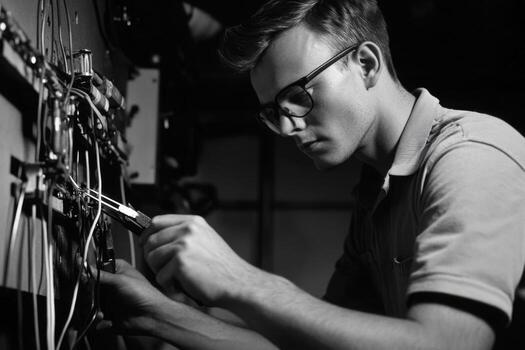 A man in glasses working on a machine photo