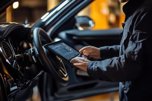 A man is using a tablet while driving a car photo