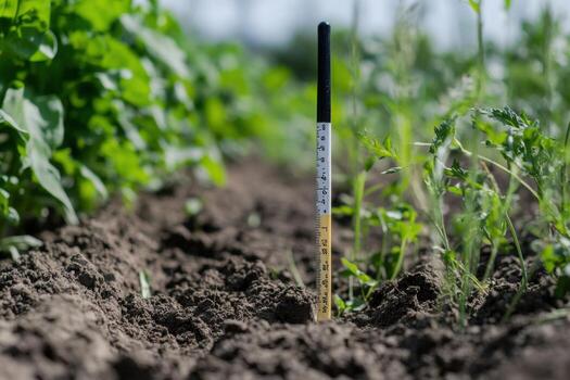 A thermometer is in the soil of a field photo