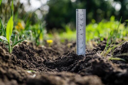 un regla es en pie en el suciedad en un campo foto