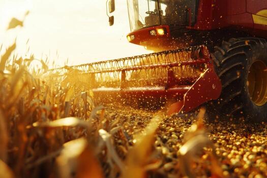 A red combine harvester is in the middle of a field photo