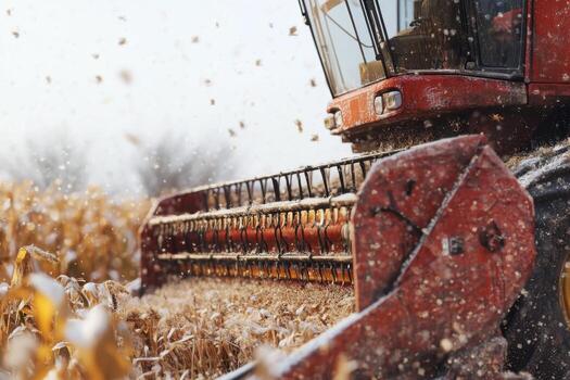 A red combine harvester in a field photo