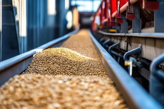 A conveyor belt with a load of grain on it photo