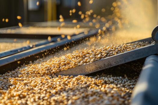 Wheat is being processed on a conveyor belt photo