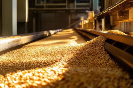 A conveyor belt is moving wheat down a line photo
