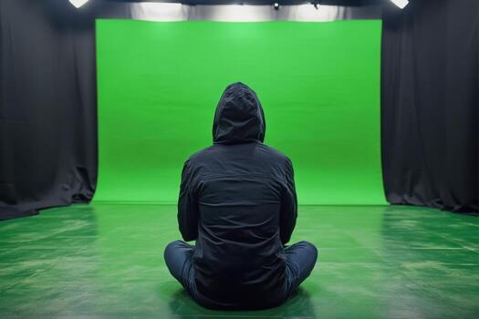 A person in a hoodie sitting on the floor in front of a green screen photo