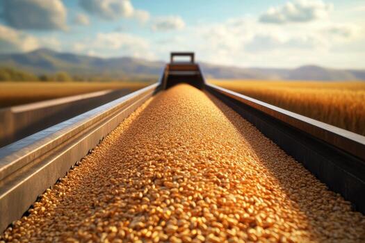 A conveyor belt moving through a field of wheat photo