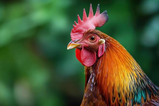 A close up of a rooster with a green background photo