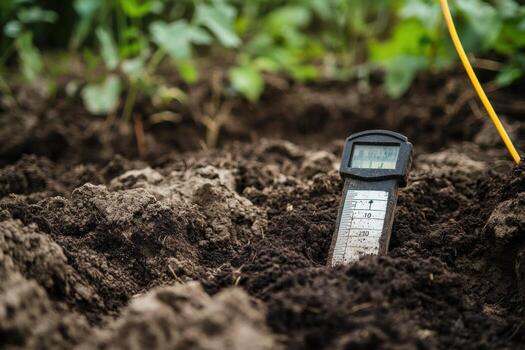 A digital thermometer is in the soil photo