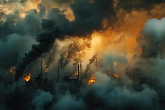 Smoke billowing from a factory at sunset photo