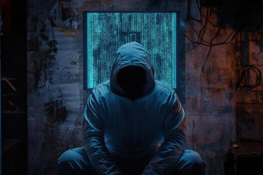 A person in a hoodie sitting in front of a computer screen photo