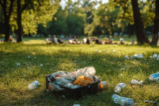A garbage bin with plastic bottles and other trash on the grass photo