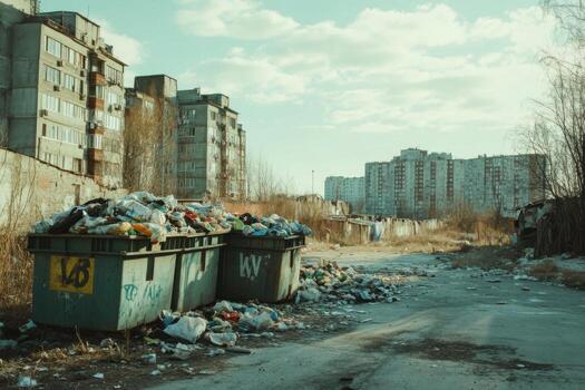 Garbage bins in an urban area with buildings in the background photo