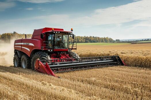 A red combine harvester is working in a field photo