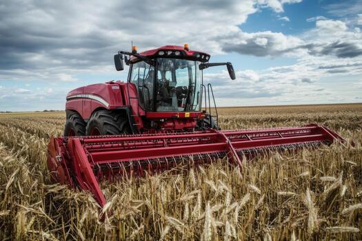 A red tractor in a field with a combine photo
