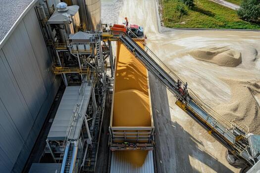 A large truck is loading sand into a large container photo