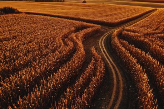 An aerial view of a corn field with a dirt road photo