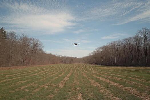 A drone flying over a field with trees and grass photo