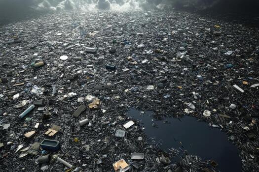 A large pile of trash is shown in the ocean photo
