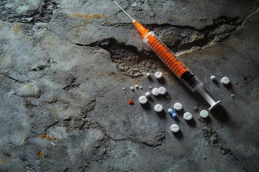 An injection and pills on a concrete surface photo