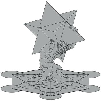 Titan Atlas with Metatron and Merkaba geometry symbol, Titan Atlas holding Merkaba symbol on his shoulders and with Metatron, titan of greek mythology with sacred geometry vector