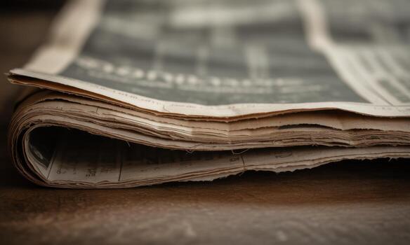 Close-up of a Stacked, Aged Newspaper with Soft, Moody Lighting photo