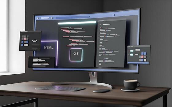 Modern computer setup with code on multiple screens photo