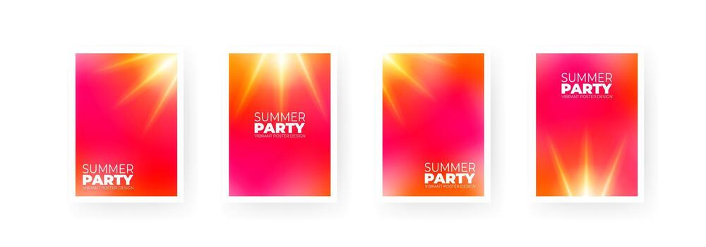 Summer party text with glowing sun rays and gradients. Colorful celebration background set vector