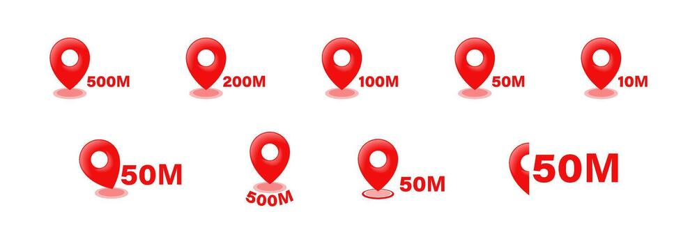 Location distance icon set. Map pin collection. Locator radius pointers. vector