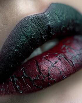 Hyper detailed gothic lips macro with ombre tones of deep emerald green, charcoal gray, ruby red, and mauve gray, mysterious shimmer and cracked glass texture effect photo