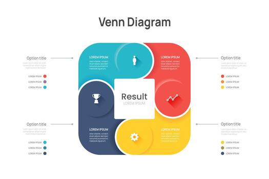venn diagrama negocio infografía circulo gráfico modelo 4 4 opciones, presentación con venn diagrama elementos ilustración. vector