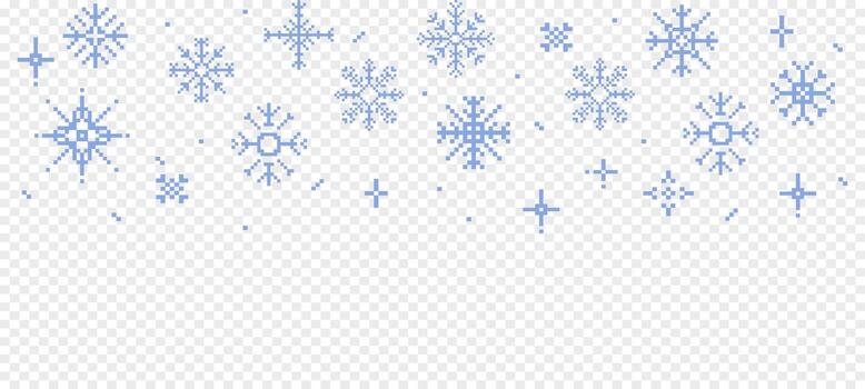 Pixel snowflake border winter falling snow retro pixilated 8 bit game stamp. Y2k snow divider, minimal and simple. Holiday flake ornament. Simple crystal ornament vector