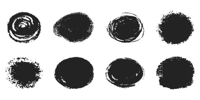 Set Scribble textured brush stroke ink or paint round splatter. Abstract grunge stain enso border, frame, hand drawn textured punk style asian design element vector