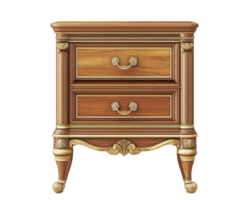 elegante de madera cabecera mesa con dos cajones y florido detalles, Perfecto para mejorando dormitorio decoración. sus clásico diseño agrega toque de sofisticación a ninguna espacio png
