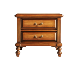 elegante de madera mesita de noche con dos cajones y latón manejas, Perfecto para dormitorio decoración. esta clásico pedazo agrega calor y estilo a ninguna espacio png
