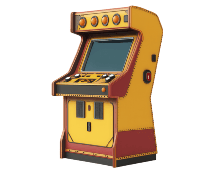 Retro arcade machine with vibrant yellow and red design, featuring buttons and screen, perfect for nostalgic gaming experiences png