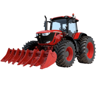 red tractor with plow attachment, designed for agricultural use, showcasing robust tires and powerful build. Ideal for farming tasks and land preparation png