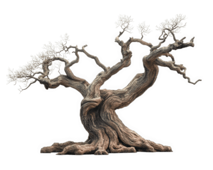 antico contorto albero con nodose rami e scarso foglie, in mostra intricato abbaiare struttura e unico forma, Perfetto per natura a tema disegni png