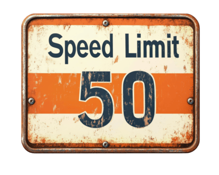 Speed limit sign with weathered design indicating limit of 50. sign features orange stripe and distressed appearance, conveying sense of age and use png