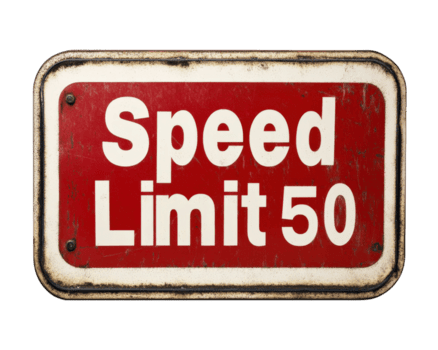 Speed limit sign with rectangular design indicating limit of 50. sign has weathered appearance, showcasing its age and use png