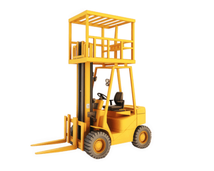 yellow forklift with raised platform, designed for high reach functionality, showcasing its robust structure and operational capabilities. Ideal for industrial settings png