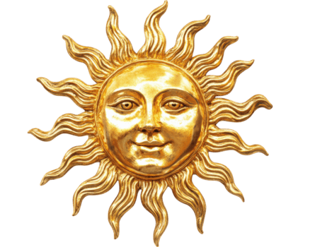 Golden sun statue with smiling face and wavy rays, isolated on transparency background, symbolizing warmth and positivity png