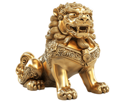 golden lion statue with intricate details, showcasing fierce expression and ornate decorations. This majestic piece symbolizes strength and protection png