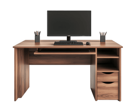 moderno computadora escritorio con construido en estante y cajones, Perfecto para hogar o oficina usar. pulcro diseño caracteristicas monitor, teclado, y almacenamiento para ordenado espacio de trabajo png